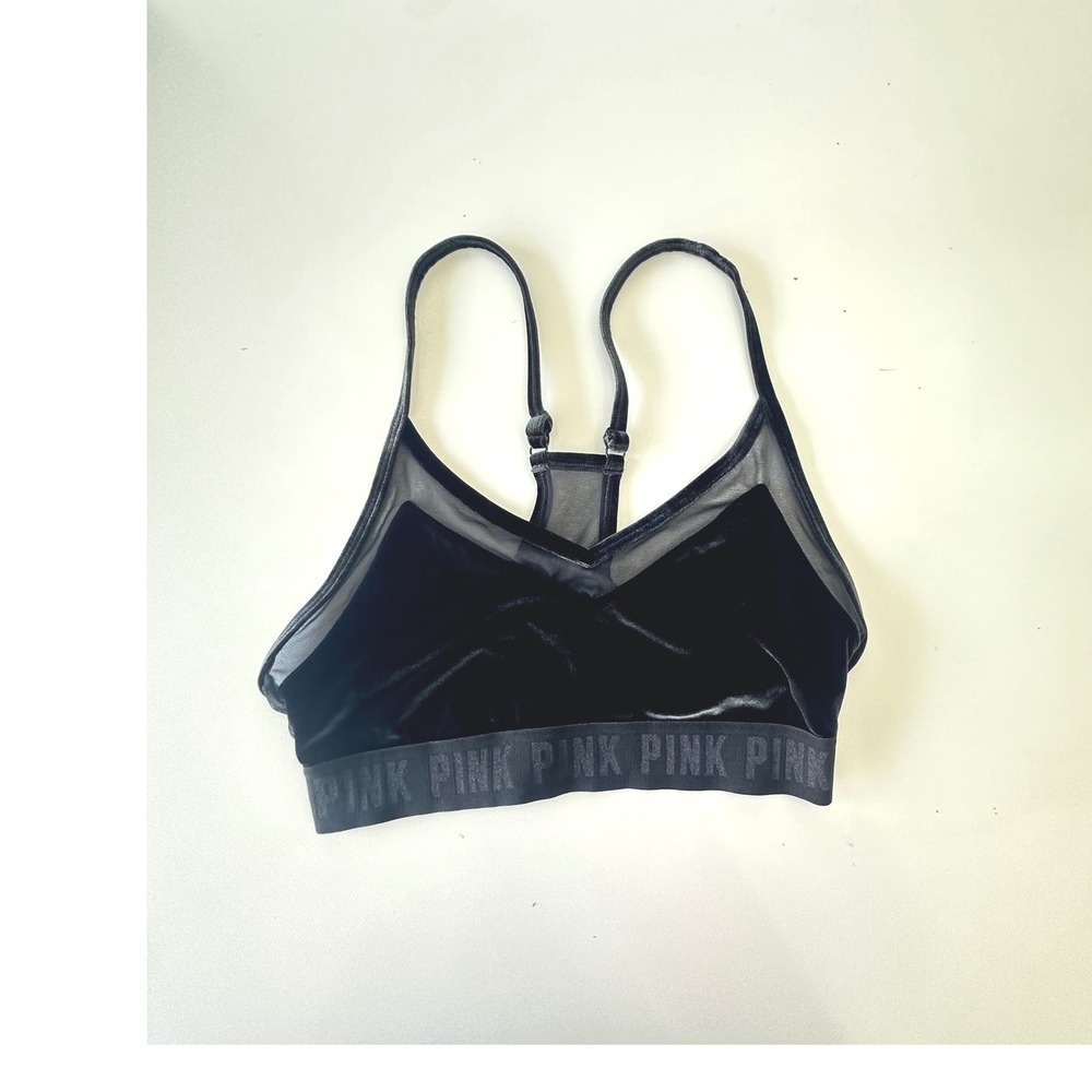 PINK Victoria's Secret Velvet Mesh Sport Bra Medium Black/Green Coquette Flirt